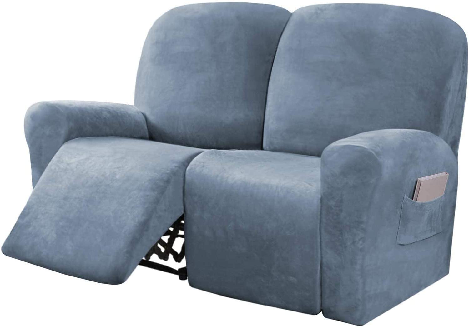 6-Piece Velvet Stretch Recliner Covers for 2-Seater Loveseat – Soft Furniture Protector with Side Pockets, Stone Blue – Perfect for Living Room, Home Theater & Family Gatherings