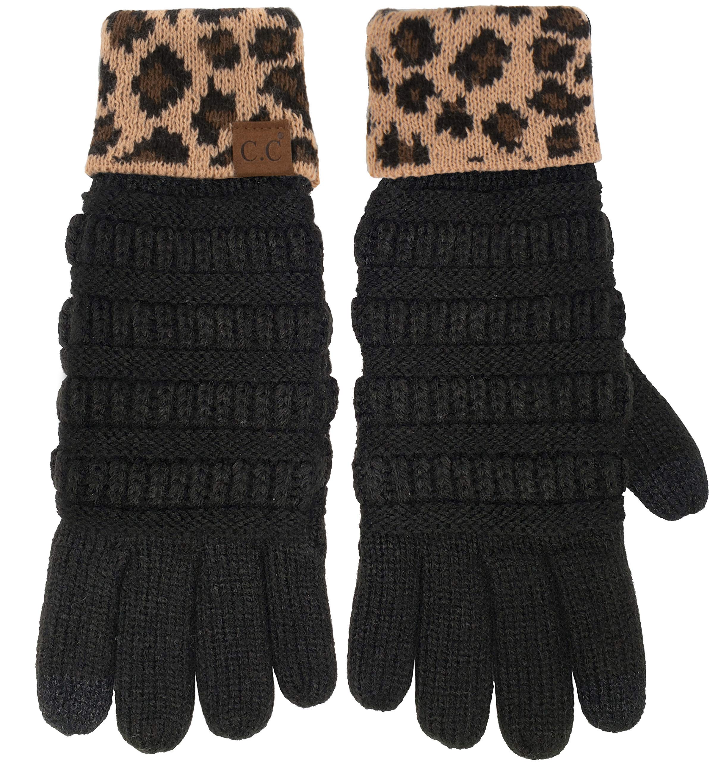 Funky Junque Matching 2-Pack: Leopard Print Ponytail Beanie & Texting Gloves Set - Black Winter Accessories for Women | Cozy Outfit Combo for Cold Weather & Outdoor Activities