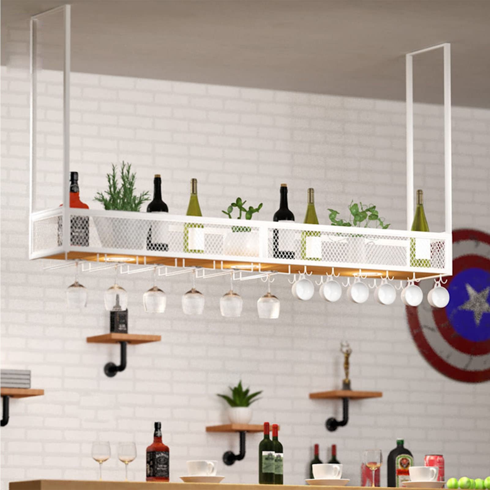 Vintage Ceiling Hanging Wine Rack - Floating Shelves for Upside Down Wine Glass Holder, Wrought Iron Bar Decor & Plant Hanger - Single Layer Display Stand for Kitchen, Dining Room or Home Bar Decor