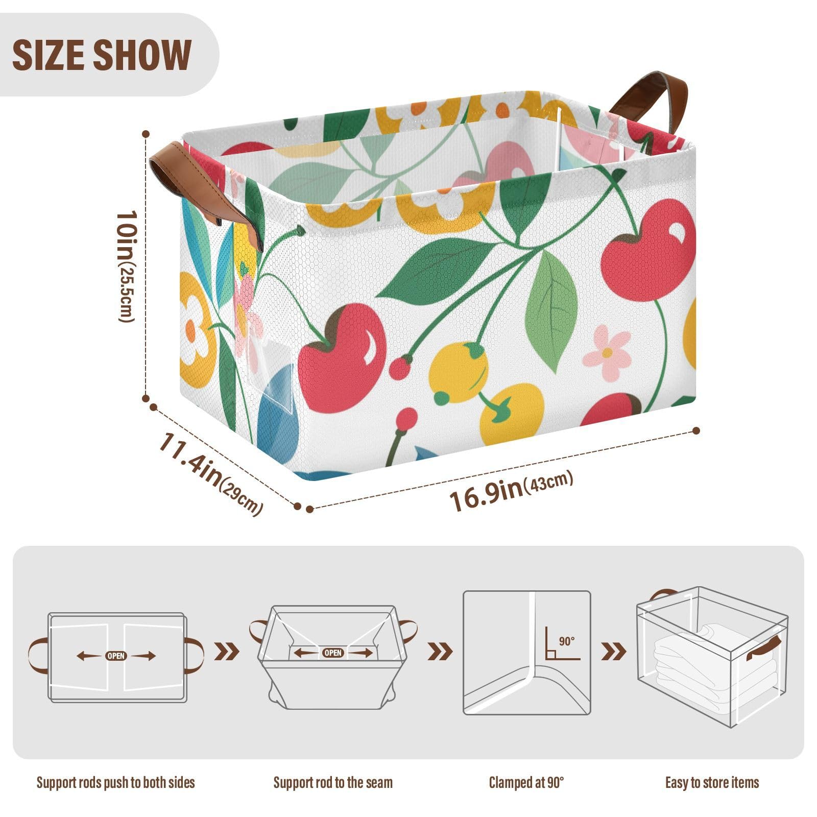 Cartoon Cherry Print Collapsible Fabric Storage Baskets - Large Decorative Closet Organizer Bins with Handles (2-Pack) - Perfect for Bedroom, Nursery & Bathroom Organization