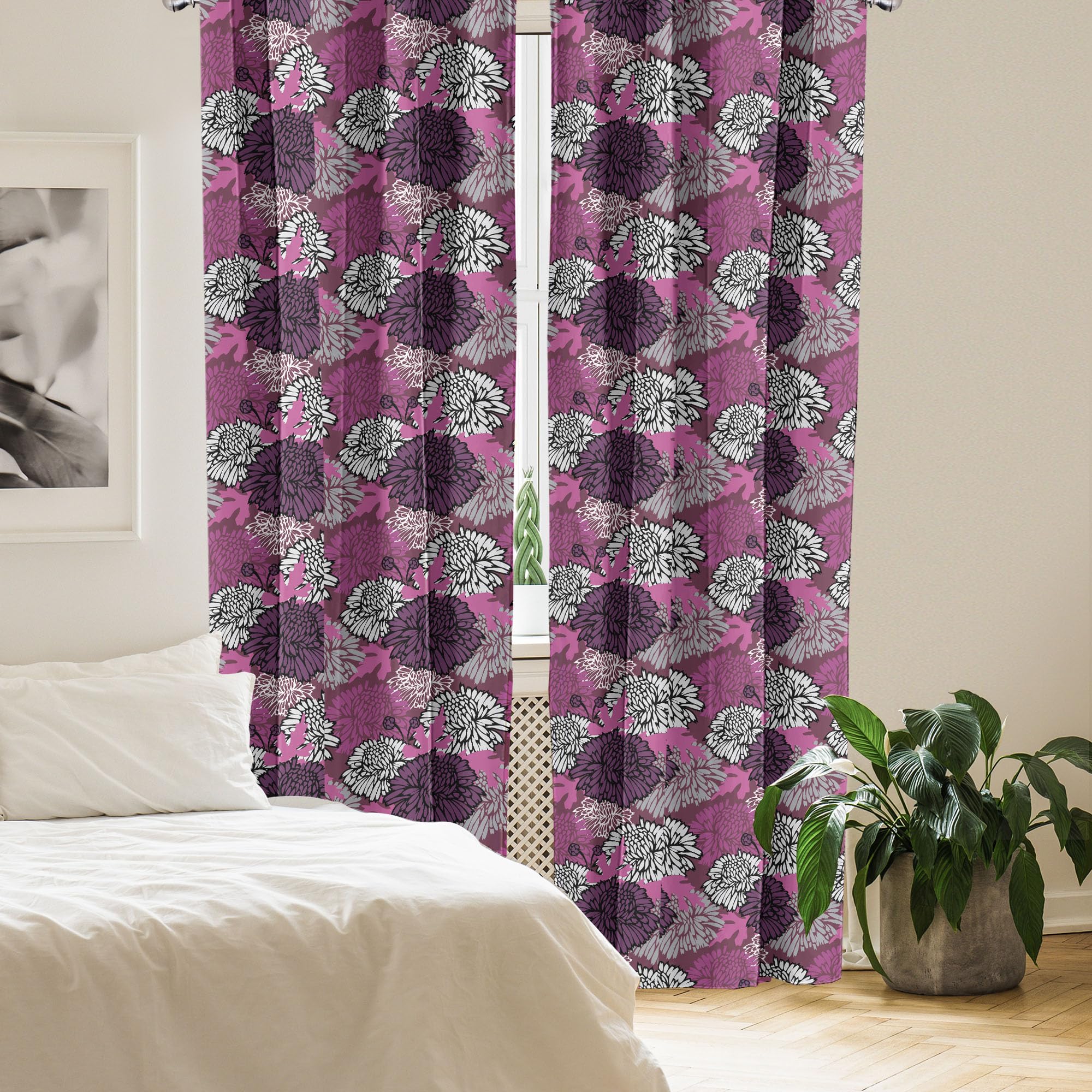 Ambesonne Purple Dahlia Curtains - 2 Panel Set with Large Chrysanthemum Blossom Design, 28