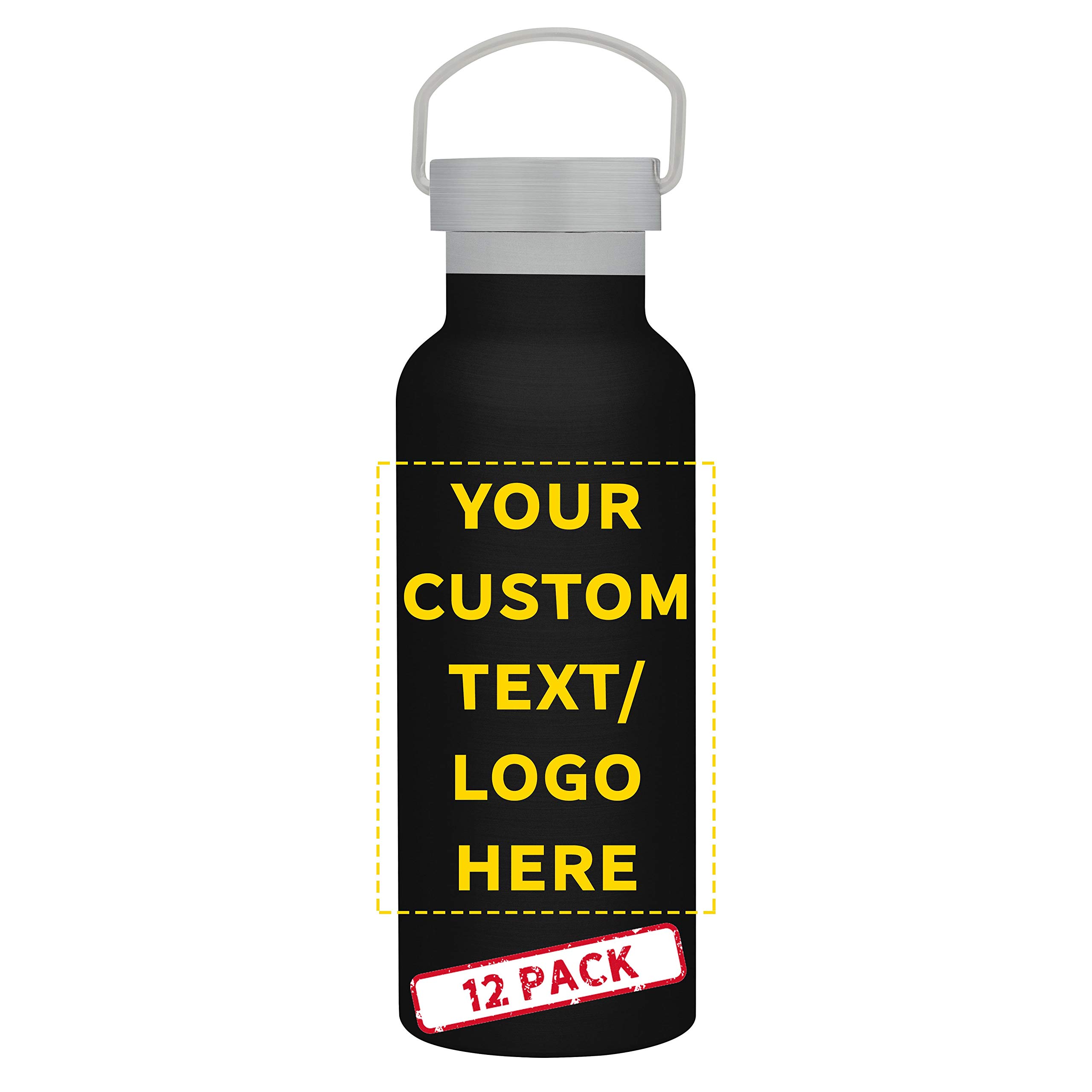 12-Pack 17oz Stainless Steel Water Bottles with Custom Text & Logo - Double Wall Insulated, Wire Handle - Black - Perfect for Camping, Hiking, Gym & Office Use