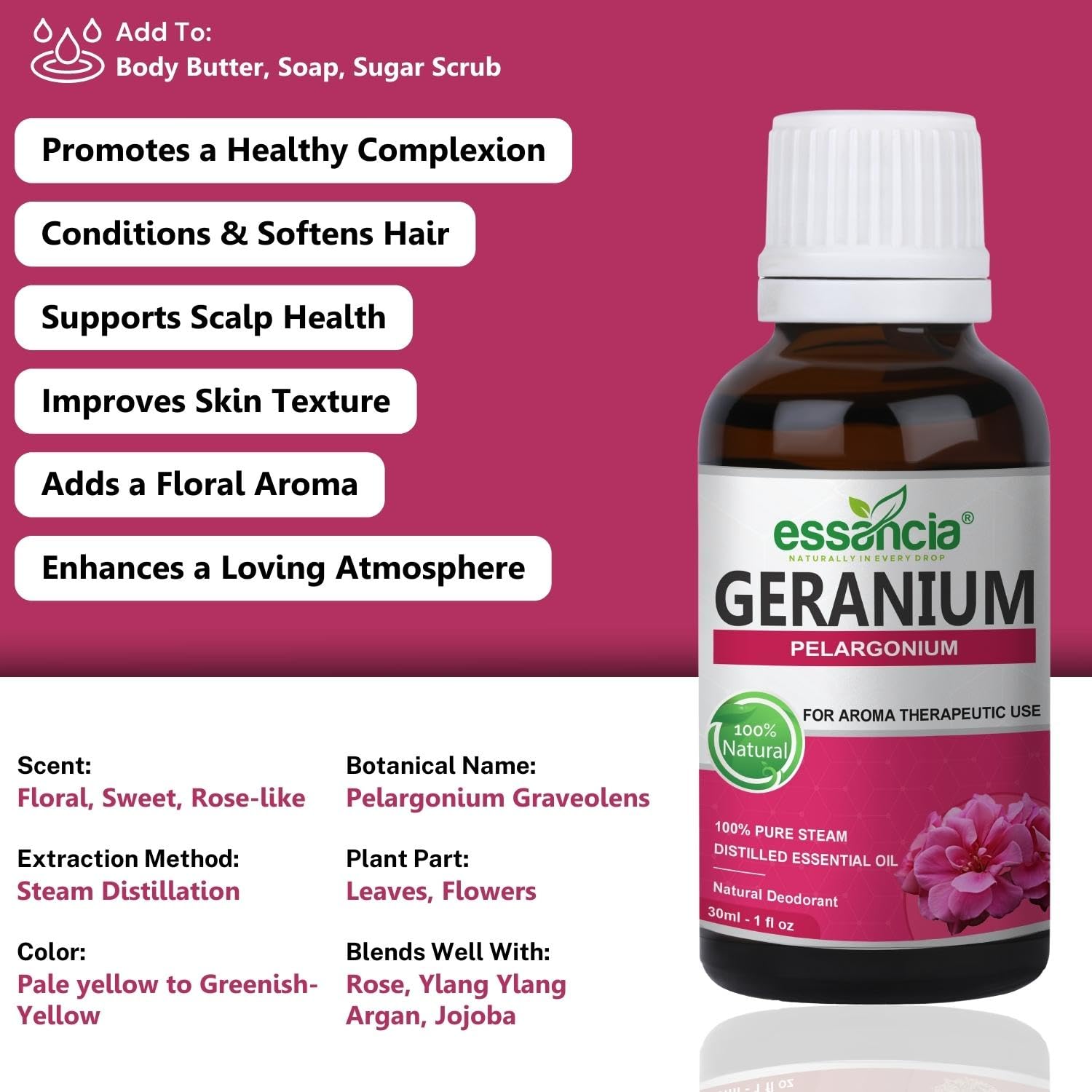 Essencia Geranium Essential Oil 100% Pure Natural Undiluted for Hair Growth, Skin Care & Aromatherapy - Therapeutic Grade 30ml - Perfect for Massage, Diffusers & DIY Beauty Products
