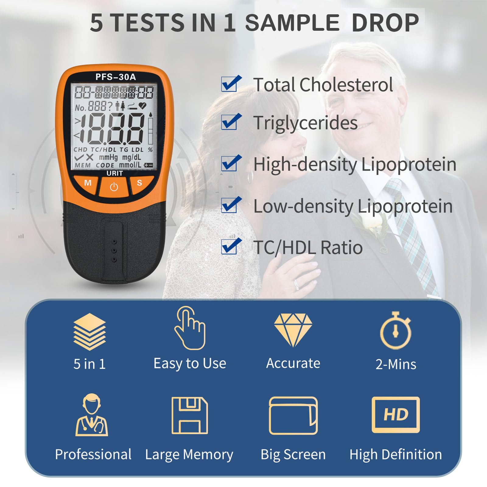 5-in-1 Lipid Test Kit for Home Use - Cholesterol Tester Meter with 10 All-in-One Test Strips | Accurate & Easy Blood Lipid Testing for Heart Health Monitoring | Perfect for Home Health Checks & Preventive Care