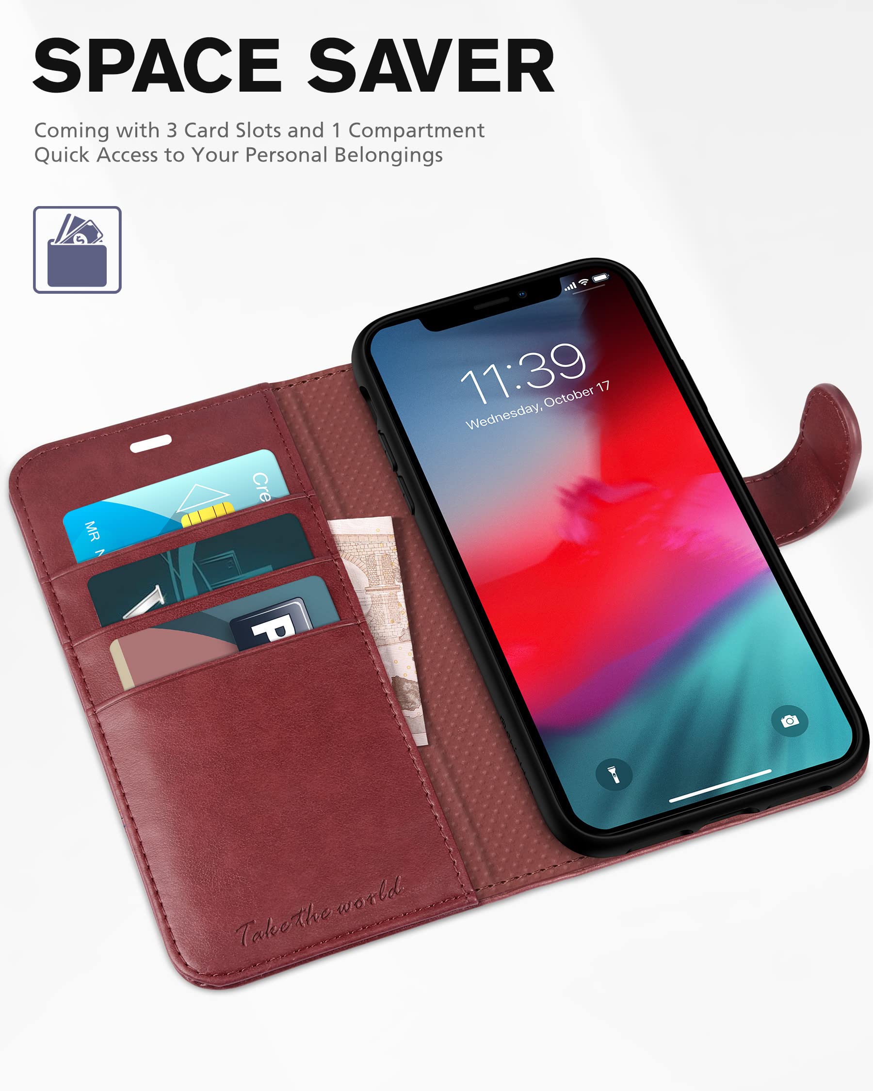 Premium PU Leather iPhone XR Wallet Case with Kickstand - RFID Blocking Credit Card Slots & Wireless Charging Compatible | Shockproof TPU Shell Protection | Perfect for Business Travel & Daily Use (Dark Red)