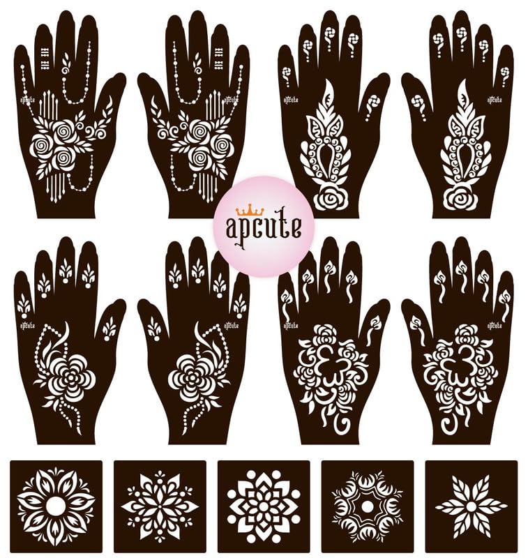 APCUTE 13-Piece Full Hand Mehndi Stencil Kit | Temporary Henna Tattoo Stickers for Women & Girls | Easy 4-Step Application | Perfect for Weddings, Festivals & DIY Body Art (Designs 27-28-123-124)