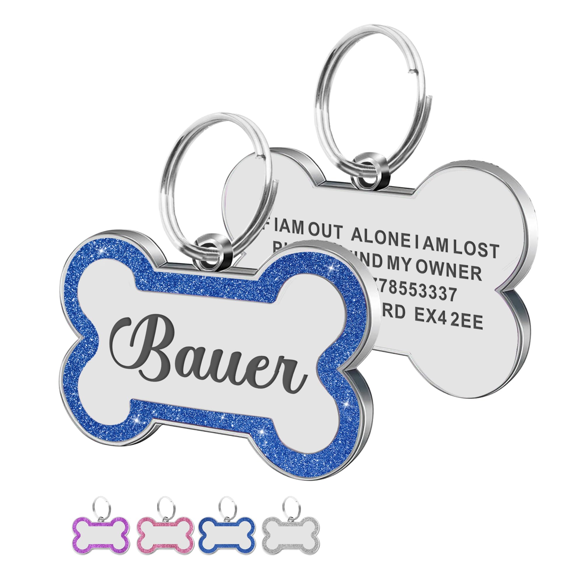 **Personalized Glitter Engraved Dog Tags - Custom Name & Text Bone-Shaped ID Tag for Dogs, Cats, Puppies - Durable Pet Collar Accessory for Safety & Style (Blue, Large, Bone) - Perfect for Daily Walks, Travel & Pet Identification**