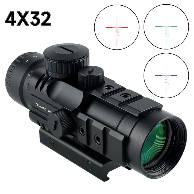 4x32 Tactical Trilateral Rail Prism Scope - Red/Green/Blue Crosshair Reticle - Adjustable Optic Sight for Airsoft Rifles - 20mm Rail Mount - Perfect for Tactical Shooting, Hunting & Outdoor Adventures