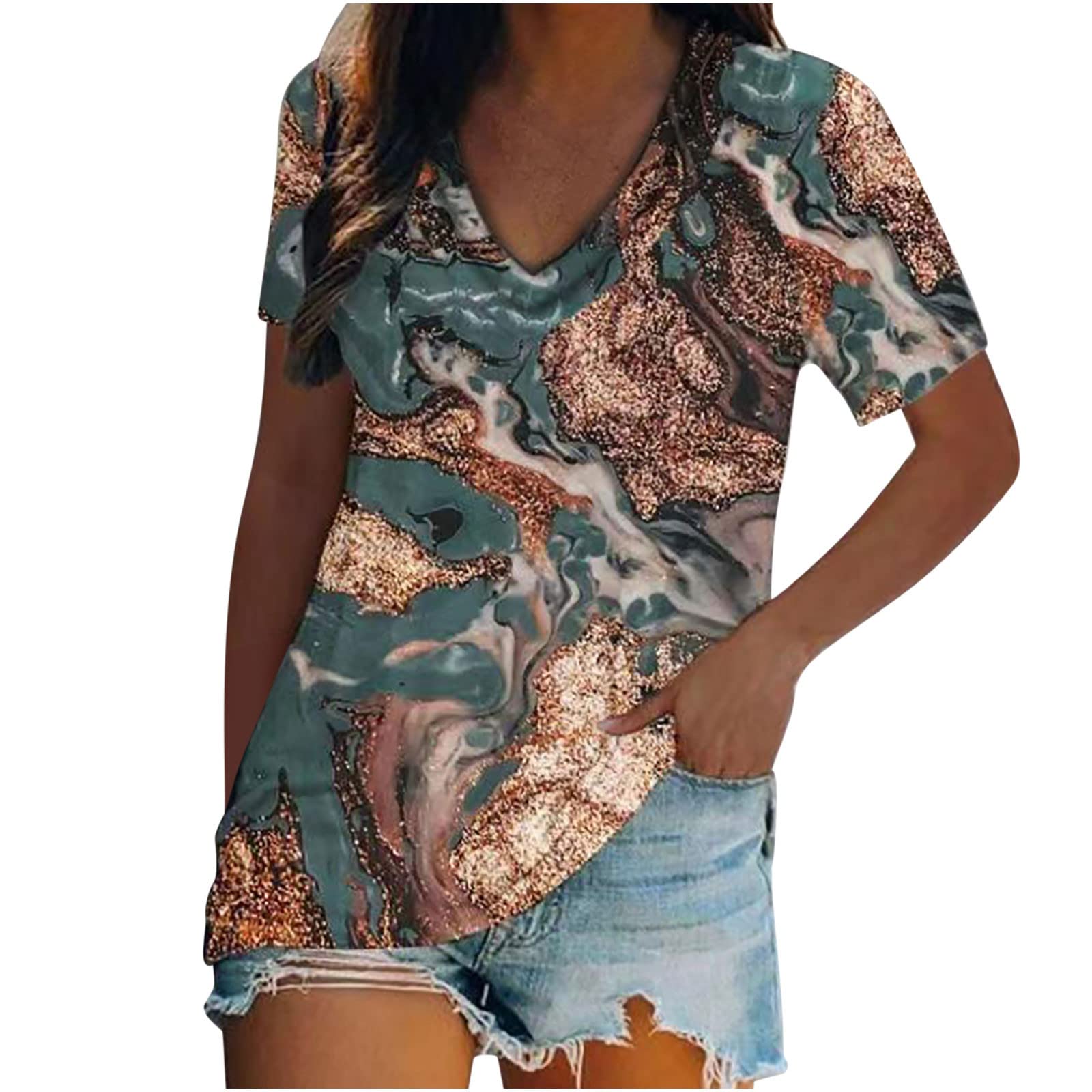 Women's V-Neck Graphic Tees - Summer Casual Short Sleeve Printed T-Shirts | Loose Fit Cute Tops for Going Out, Beach, Parties & Everyday Wear