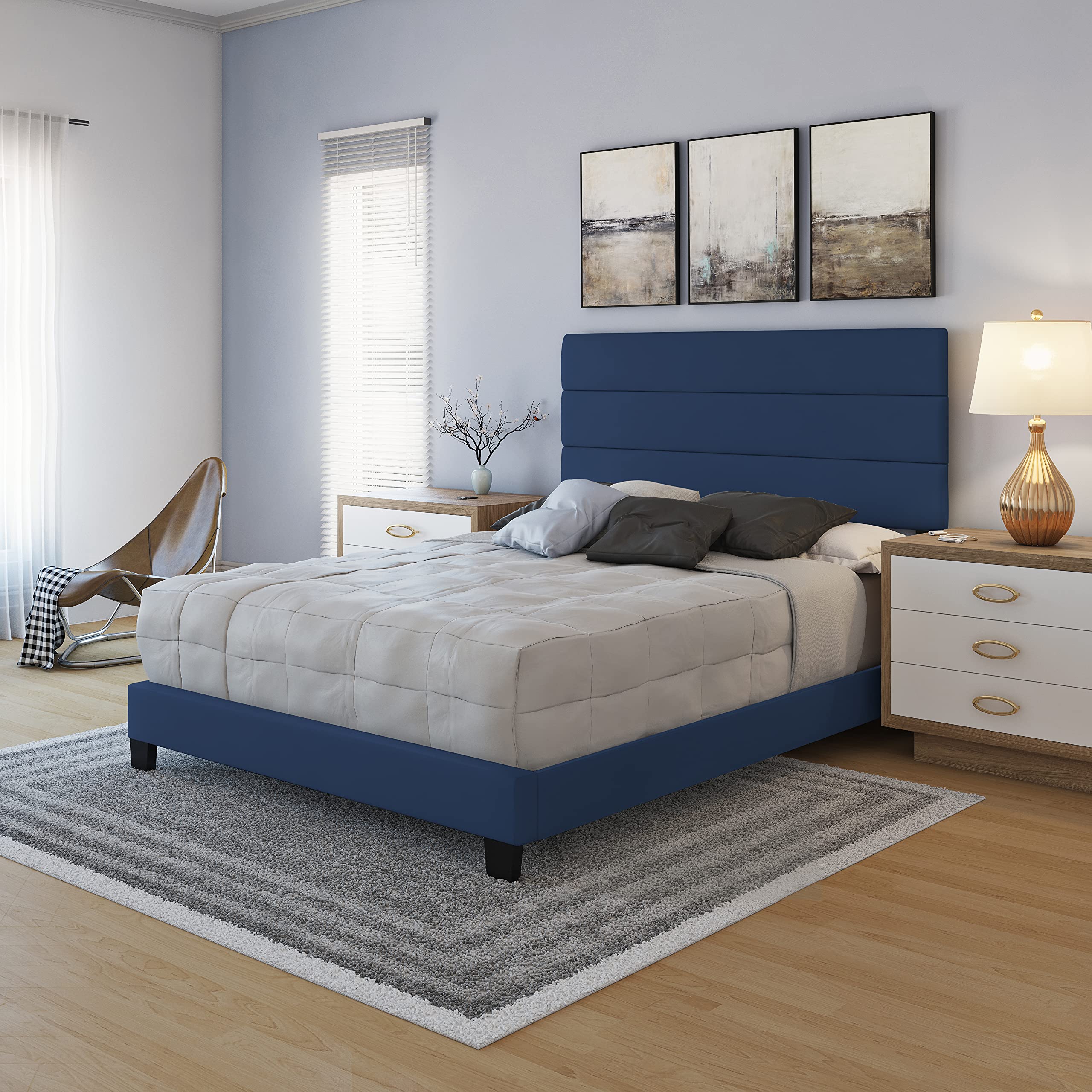 Boyd Sleep Piedmont Upholstered Platform Bed Frame with Tri-Panel Headboard - No Box Spring Needed - Faux Leather Blue Full Size Bed - Perfect for Modern Bedrooms & Guest Rooms