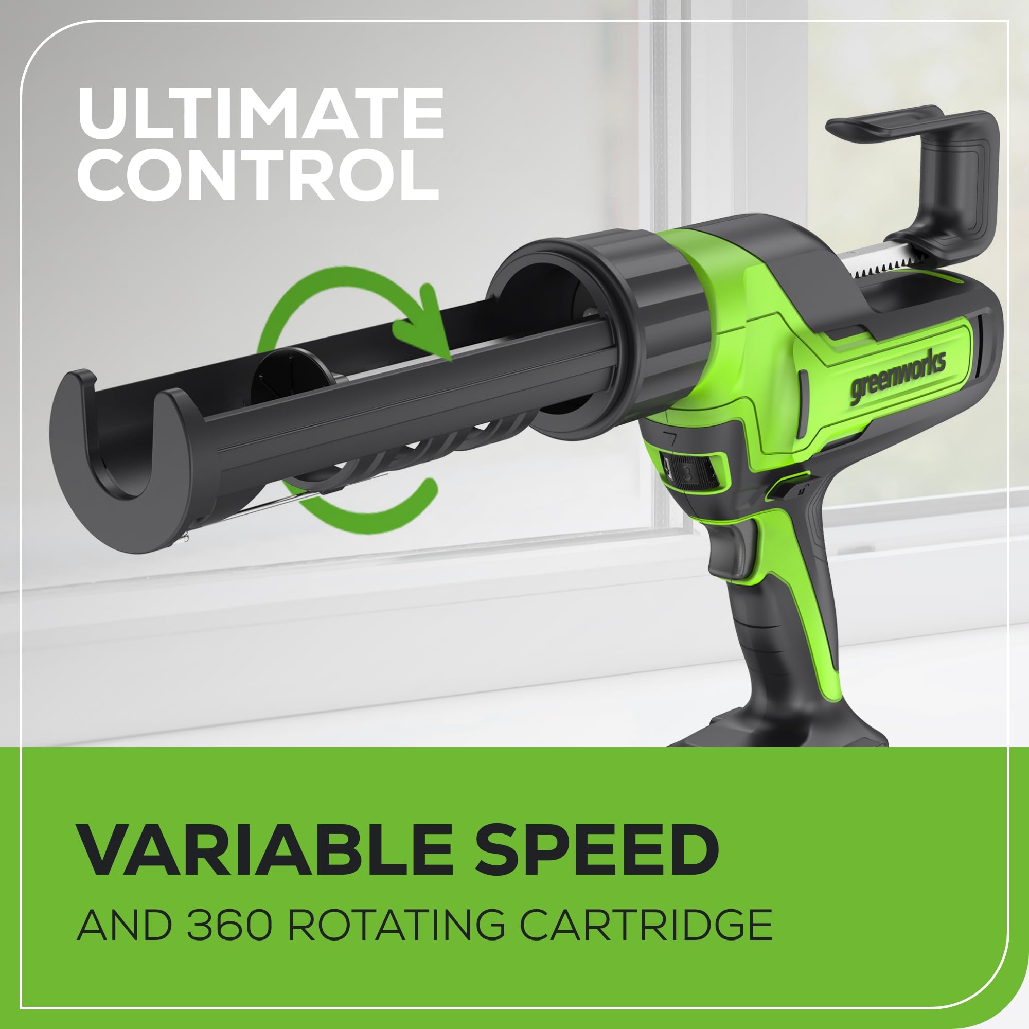 Greenworks 24V Cordless 10 oz. Caulk & Adhesive Gun - 6-Speed Adjustable with Anti-Drip Technology, Includes 2Ah USB Battery & 2A Fast Charger - Perfect for Home Repairs, DIY Projects, and Professional Construction Work
