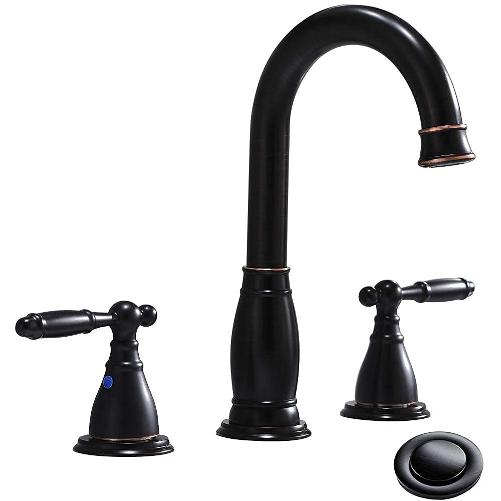 8 Inch 3 Hole Widespread Bathroom Faucet with Metal Pop Up Drain - Modern Matte Black Lavatory Sink Faucet by PHIESTINA | Perfect for Bathroom Renovation & Vanity Upgrade