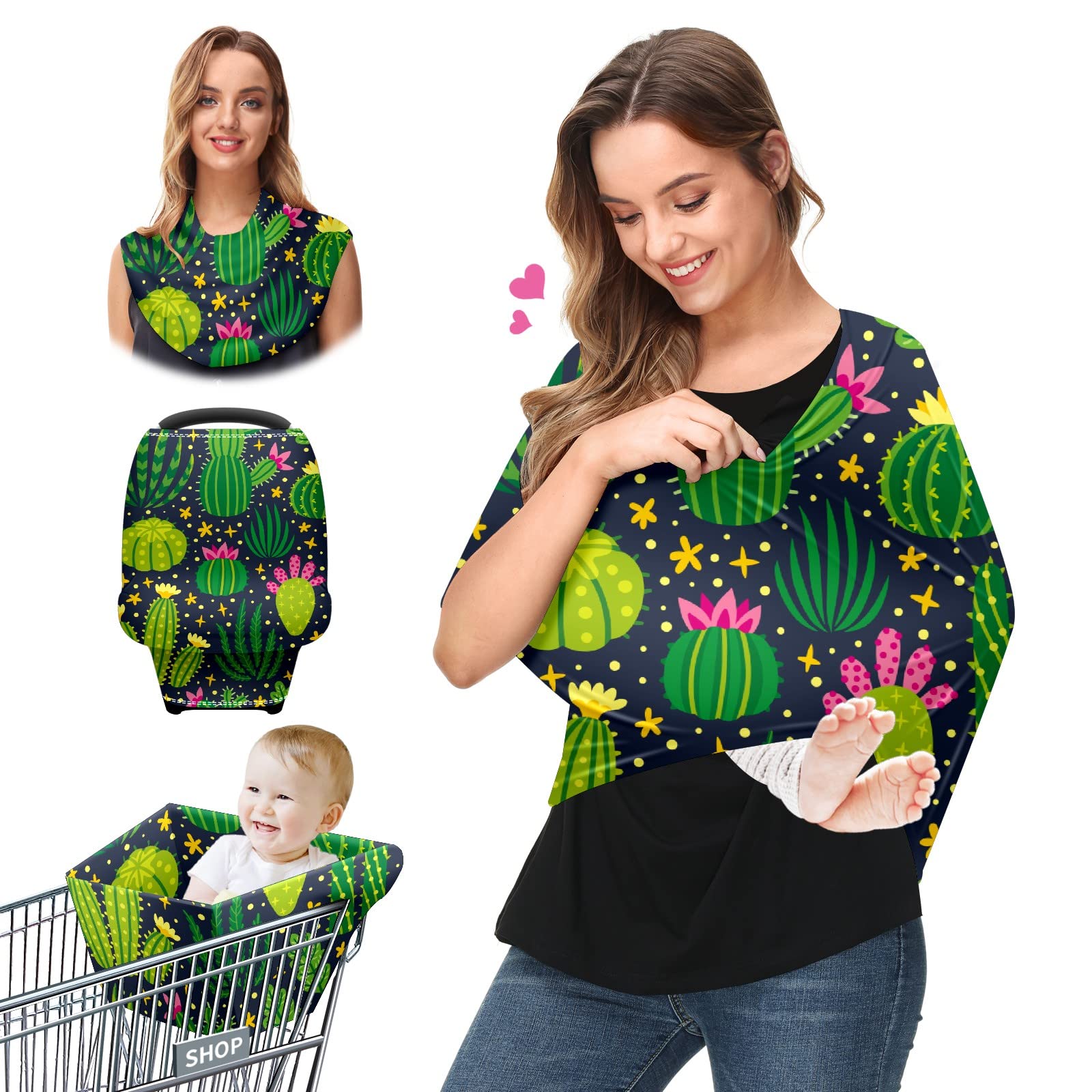 Cute Cartoon Cactus Baby Car Seat Cover - Soft Stretchy Nursing Cover & Infant Car Canopy for Boys & Girls | Multi-Use Stroller Cover, Breastfeeding Scarf & Car Seat Protector for New Moms | Perfect for Travel, Shopping & Outdoor Activities