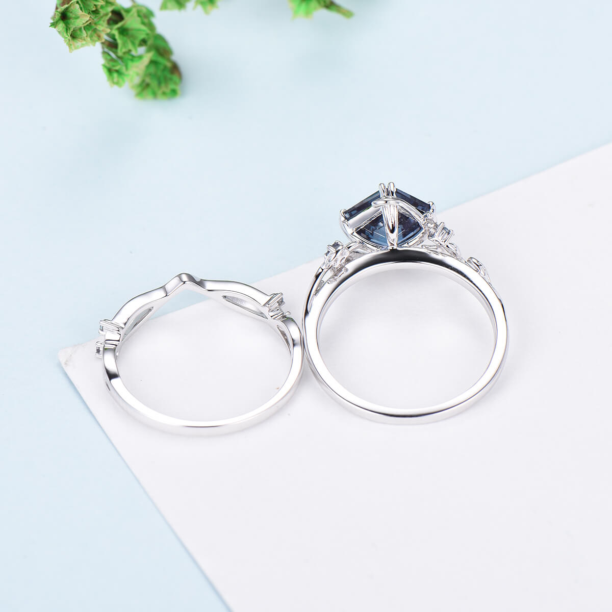 Nature Inspired Asscher Alexandrite Ring Set | Color Changing Twig Engagement Ring | Cluster Leaves Branch Wedding Ring for Women | Perfect for Nature Lovers & Outdoor Weddings