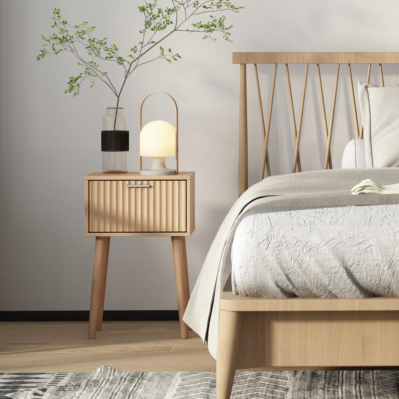 LAATOOREE Nightstand Set of 2 - Modern Mid-Century Bedside Tables with Fluted Door & Solid Wood Feet, Small End Tables for Bedroom, Living Room, or Small Spaces (Natural) - Perfect for Storing Books, Lamps, and Bedroom Essentials