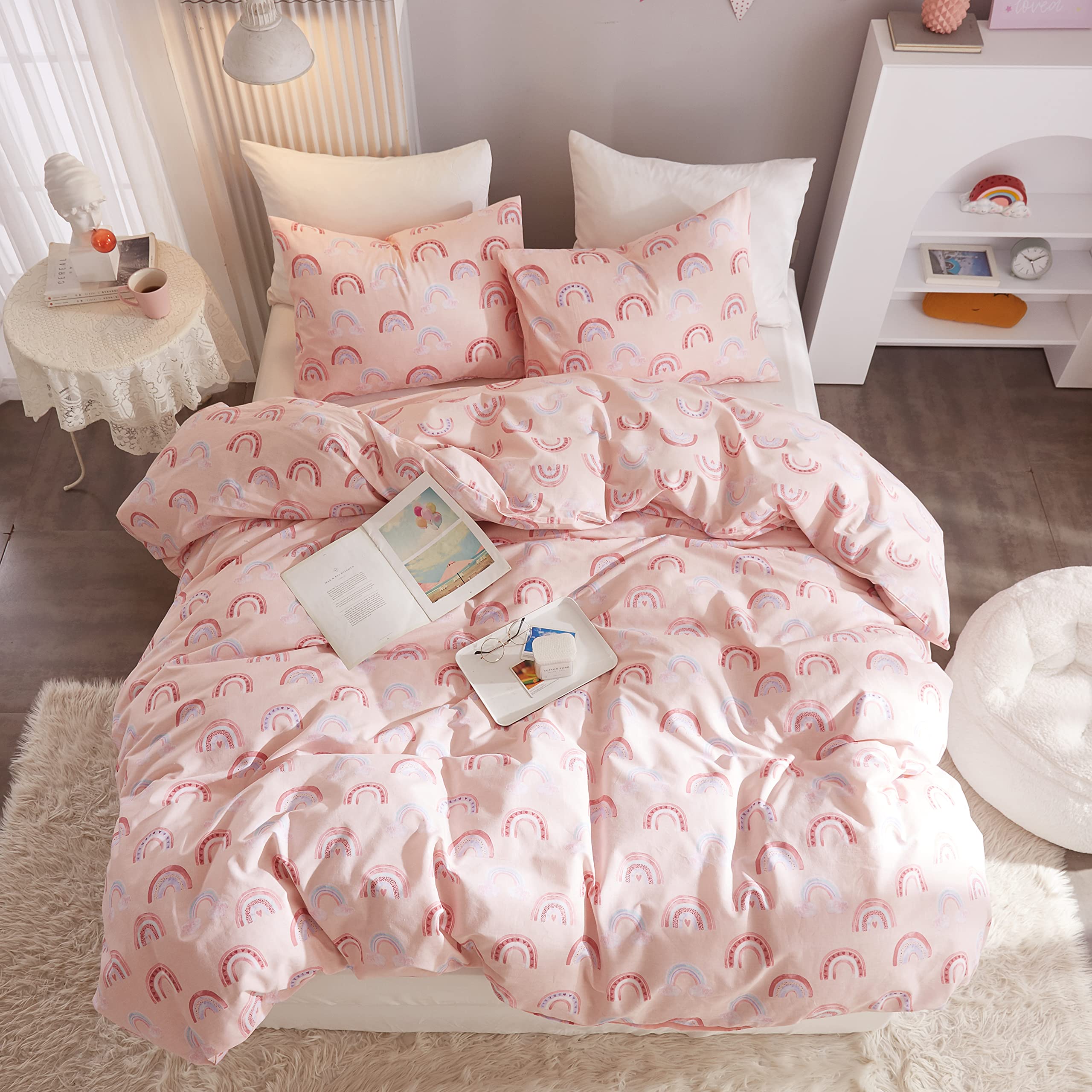 Ivellow Twin Duvet Cover Set - 100% Cotton Rainbow Pink Kawaii Bedding for Girls | Ultra Soft & Breathable 3-Piece Kids Comforter Cover with Cute Cartoon Pattern | Perfect for Toddler, Teen & Kids' Bedrooms, Sleepovers & Nursery Decor