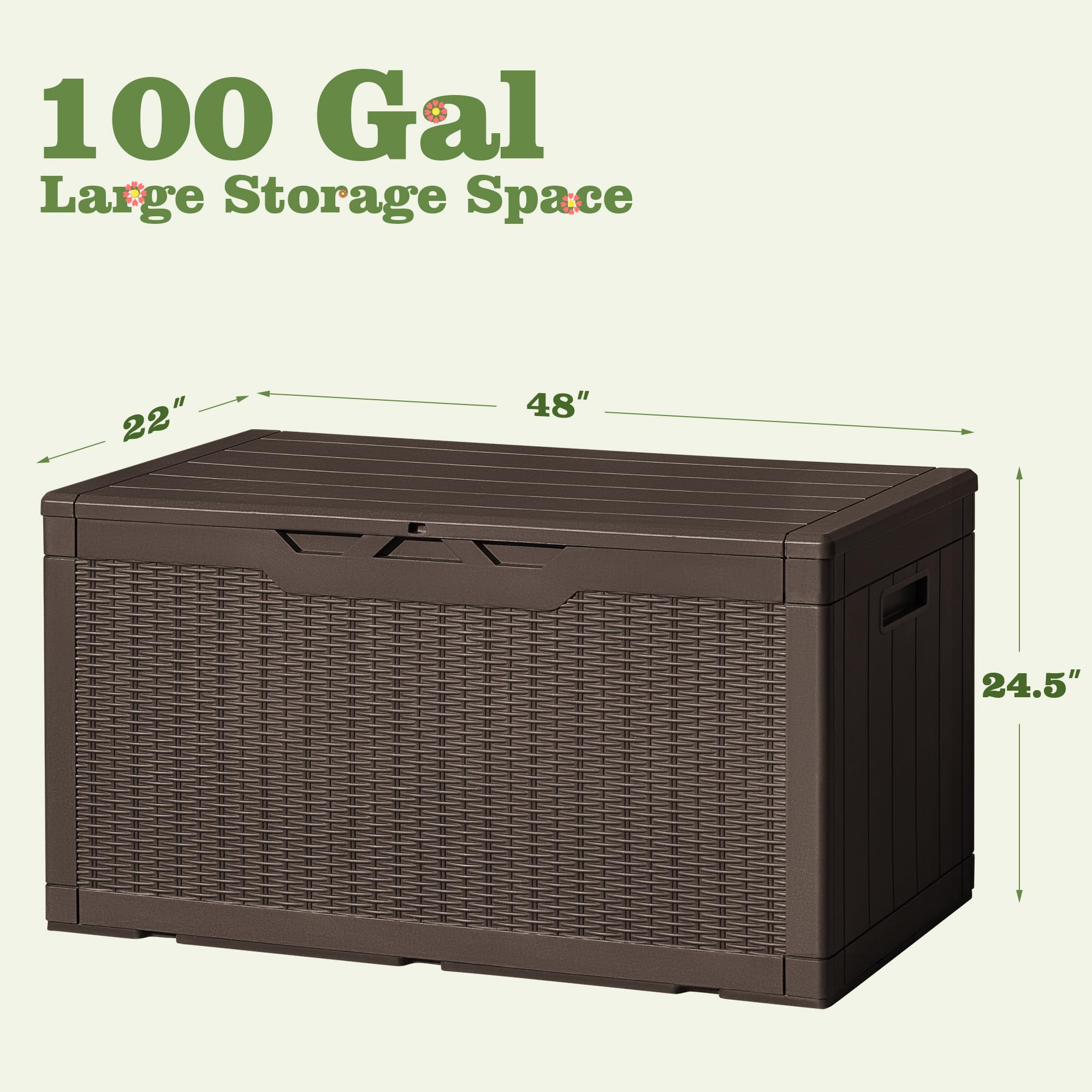 **100 Gallon Waterproof Outdoor Storage Box - Lockable Resin Deck Box for Patio Cushions, Pool Toys & Garden Tools | Indoor & Outdoor Use | Deep Brown**    *(Perfect for Patio, Poolside, Garage & Backyard Organization)*