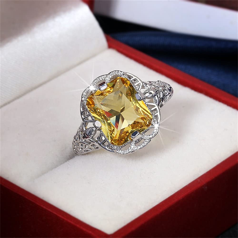 925 Sterling Silver Hollow-Out Princess Cut Citrine Ring – Large Carat Topaz Birthstone, Promise & Engagement Ring for Women – Elegant Wedding Band & Cocktail Party Jewelry (Perfect for Anniversaries, Valentine’s Day & Special Occasions)