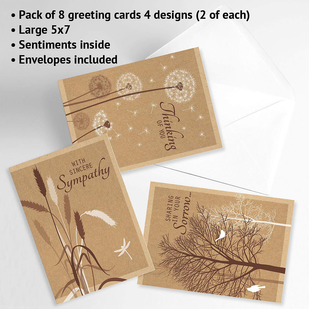 Premium Kraft Sympathy Greeting Cards Set - 8 Large 5x7 Inch Cards (4 Beautiful Designs) with Heartfelt Messages & White Envelopes - Perfect for Condolences, Memorials & Comforting Loved Ones