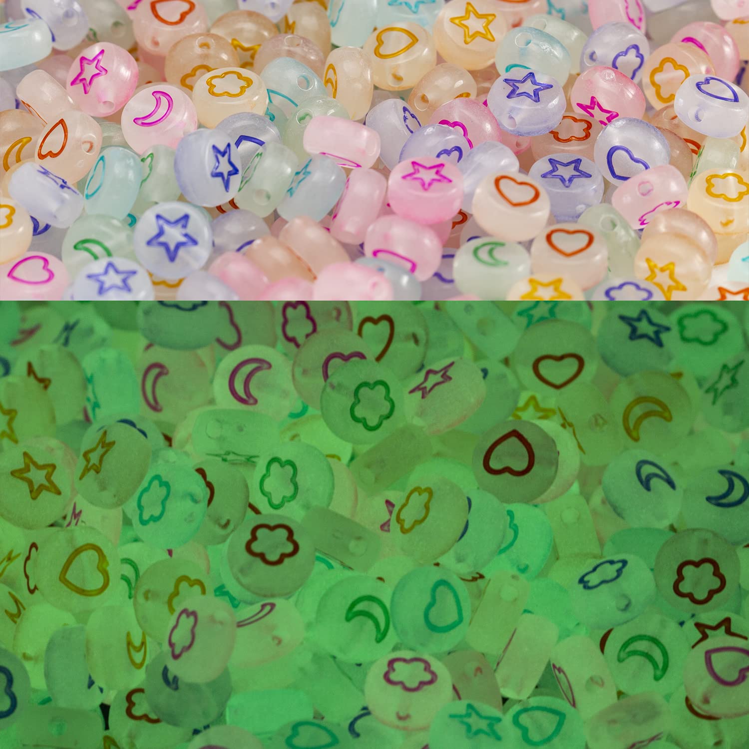 500 Pcs Glow in The Dark Acrylic Beads - Stars, Moon, Hearts & Petals for DIY Jewelry Making, Bracelets & Necklaces - Perfect for Kids Crafts, Party Favors & Nighttime Decor
