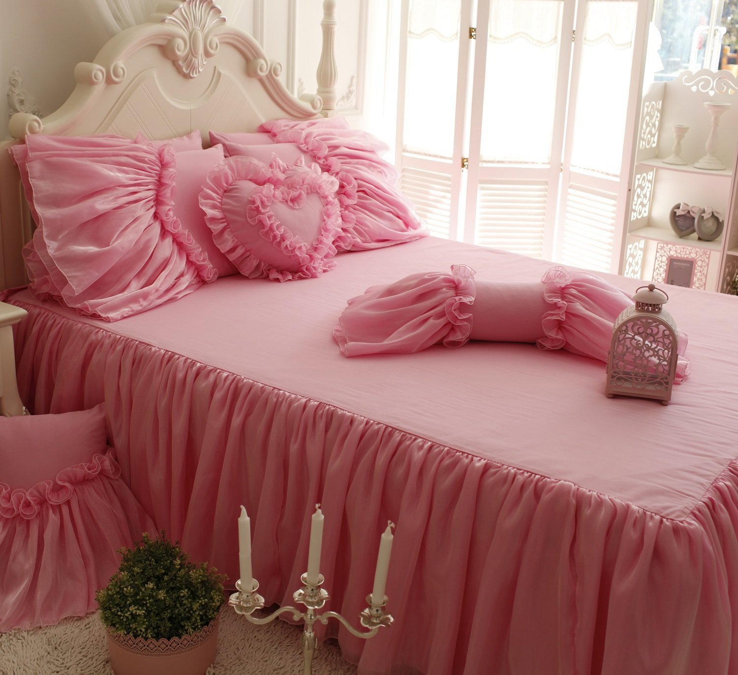 LELVA Luxury Korean Girls Bedding Set - Romantic Lace Ruffle Duvet Cover Sets for Princess Bedrooms (4pc Twin/Full/Queen/King Size, Pink) | Perfect for Kids Rooms, Teen Bedrooms & Gift Giving