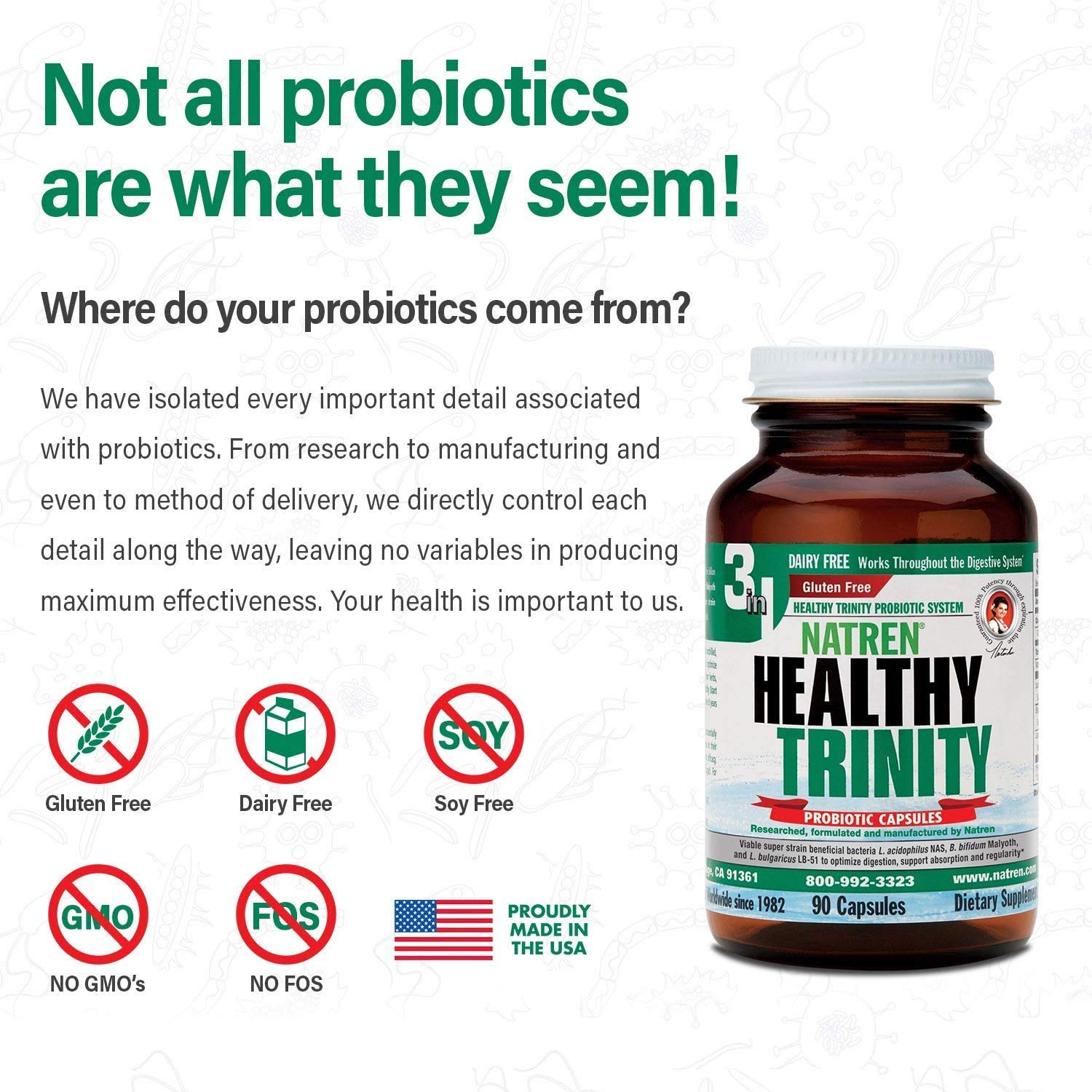 Natren Healthy Trinity Probiotics Supplement - 90 Dairy-Free & Gluten-Free Gel Capsules - 30 Billion CFU for Gut & Digestive Health - Lactobacillus Acidophilus, Bifidobacterium, Bulgaricus - Supports Immune System & Daily Wellness