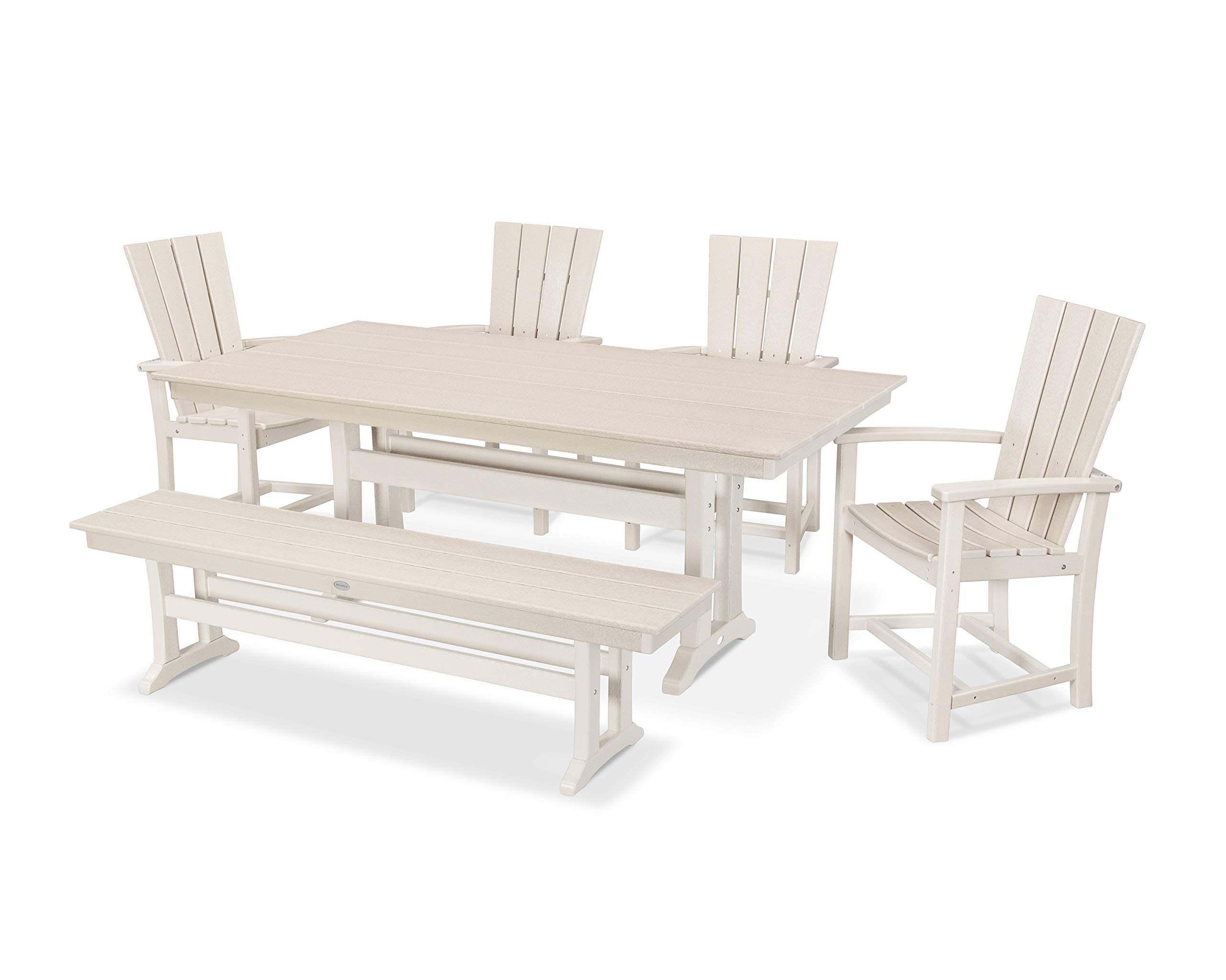 Polywood Quattro 6-Piece Farmhouse Dining Set with Bench in Sand Color - Outdoor Patio Furniture for Garden, Backyard, and Poolside Dining