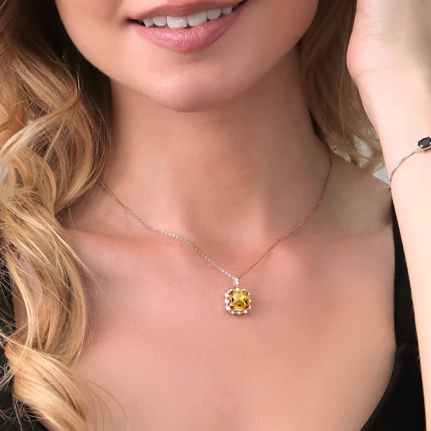 18K Rose Gold Plated Silver 10MM Cushion Gemstone Birthstone Pendant Necklace for Women | Halo Necklace with 18 Inch Silver Chain | Elegant Gift for Birthday, Anniversary & Special Occasions