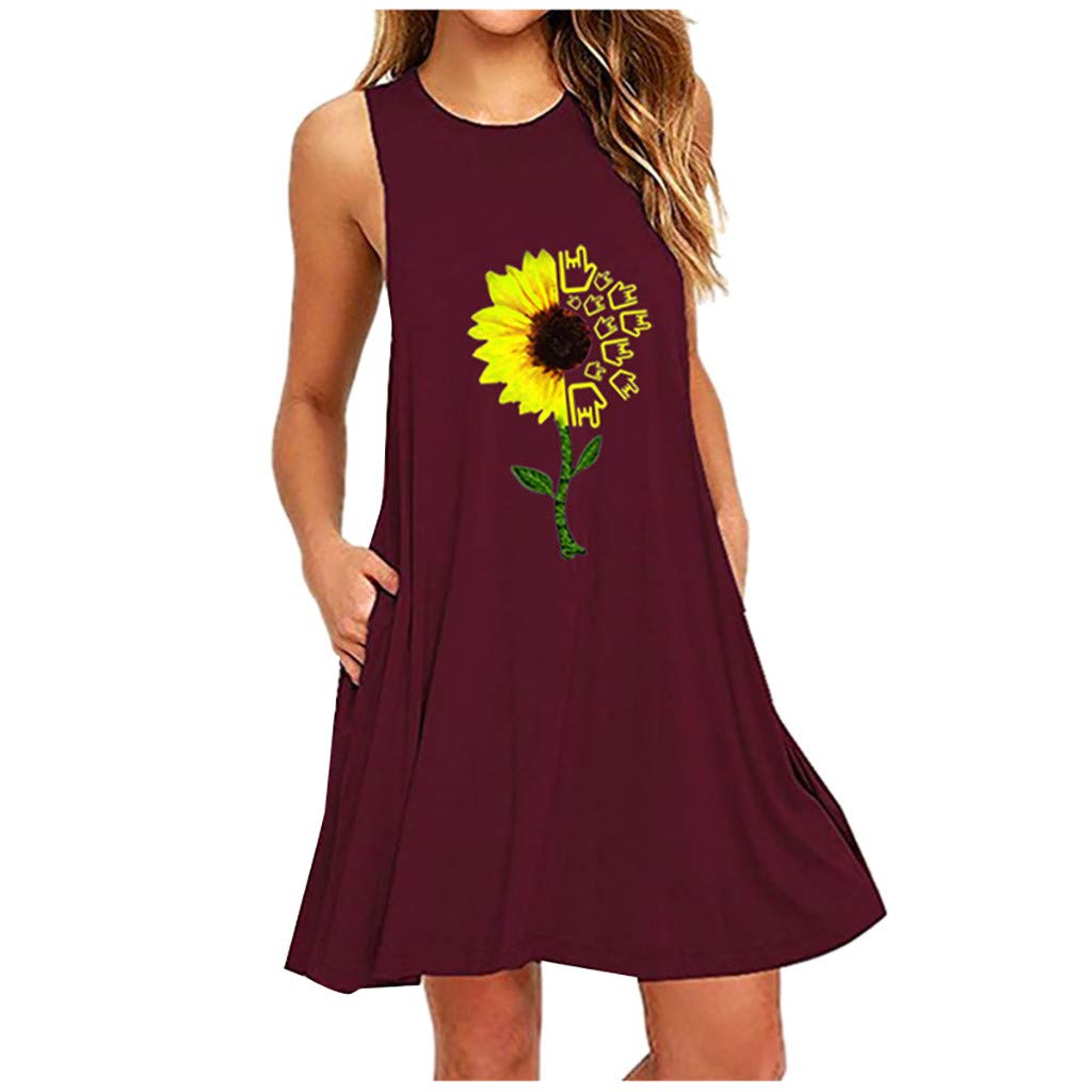 Women's Sleeveless Sunflower Print Midi Dress with Pockets - Casual Summer Sundress for Beach, Vacation & Everyday Wear