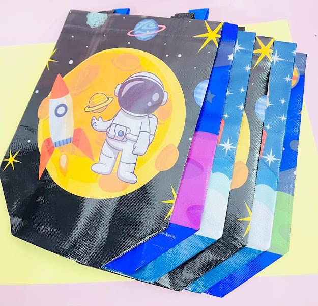 AMANVANI Medium Space Themed Gift Bags - Cartoon Party Favors for Kids Birthday Goodie Bags, Boys & Girls Return Gifts (Pack of 10) - Perfect for Space Themed Parties, School Events & Birthday Celebrations