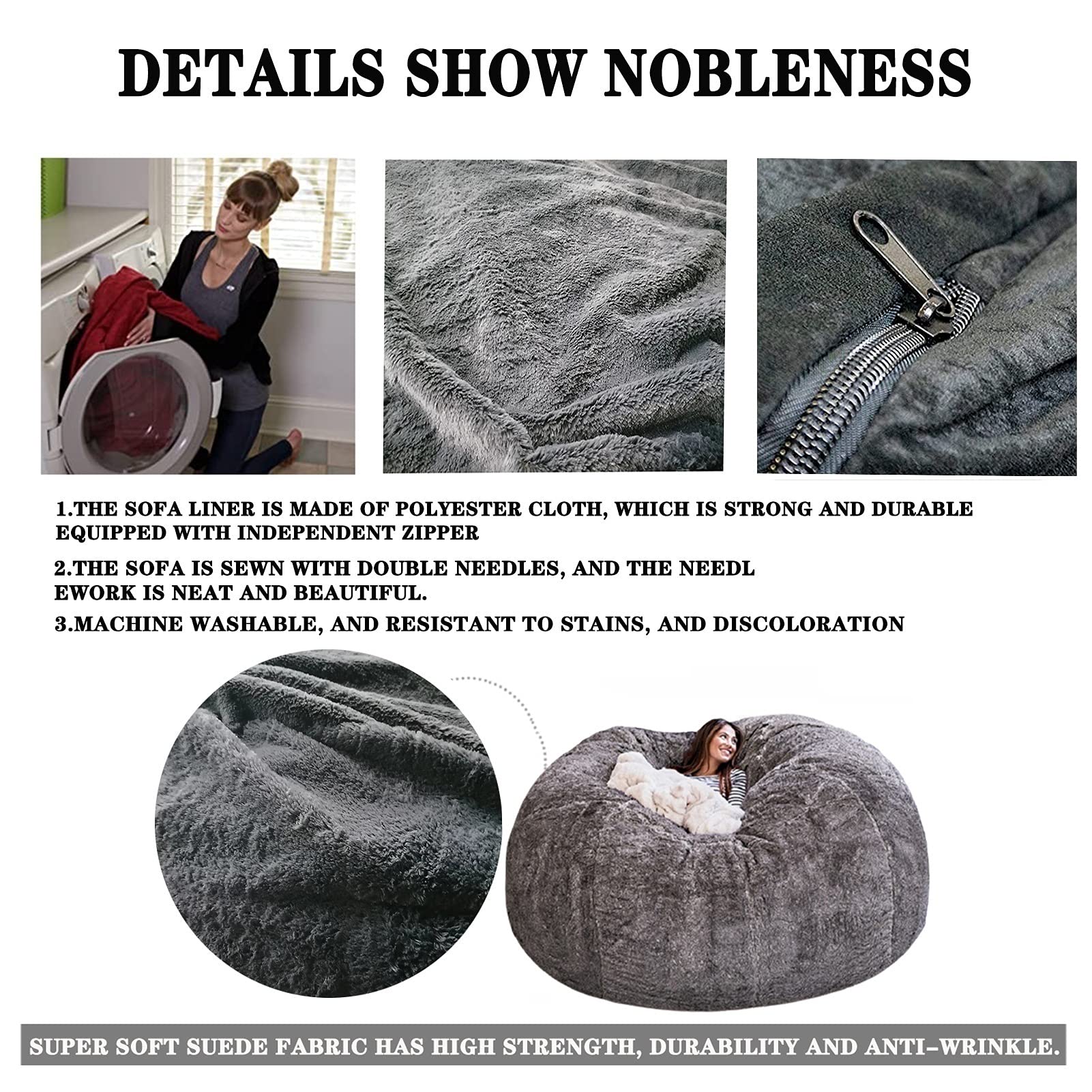 6ft 7ft Giant Bean Bag Chair for Kids & Adults - No Filler, Washable Jumbo Sofa Sack with Soft Faux Fur Cover - Perfect for Dorm, Family Room, Gaming & Movie Nights