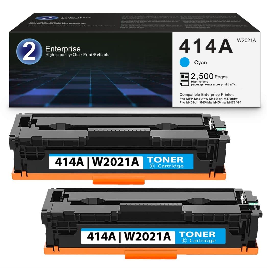 2 Pack LVELIMIT W2021A 414A Toner Cartridge (Chip Included) - Compatible with HP M453-4/M454nw/M478f-9f/M478f-M479f/M454dn/CMJM453-M454/MFP/M479fnw/M479fdn/M479fdw Printers - Cyan Ink Replacement for Home & Office Printing Needs