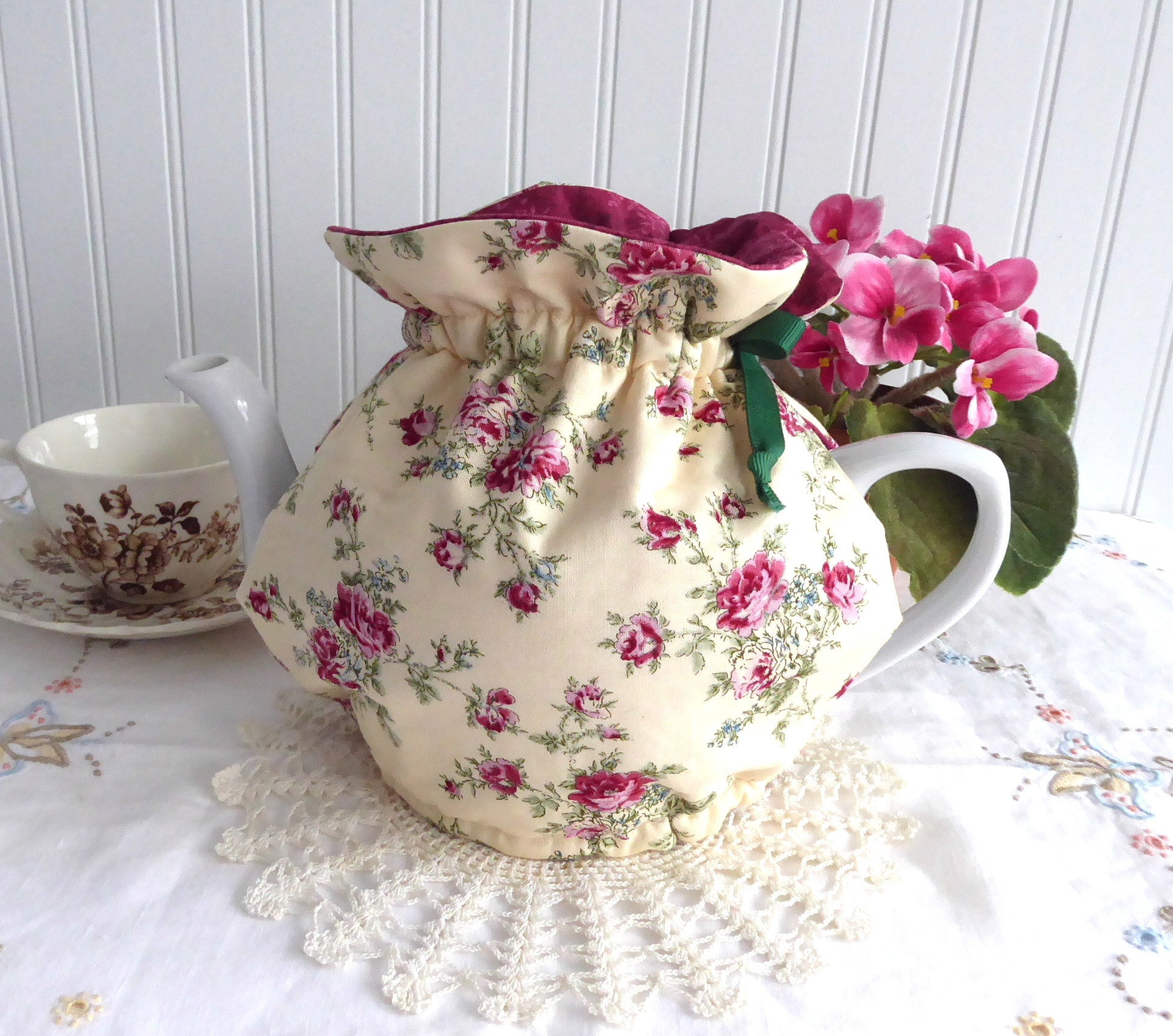 Reversible Tea Cozy with Padded Rosebuds Design - Cream & Burgundy Lining - Perfect for Tea Parties, Afternoon Tea, and Keeping Tea Warm - Made in USA