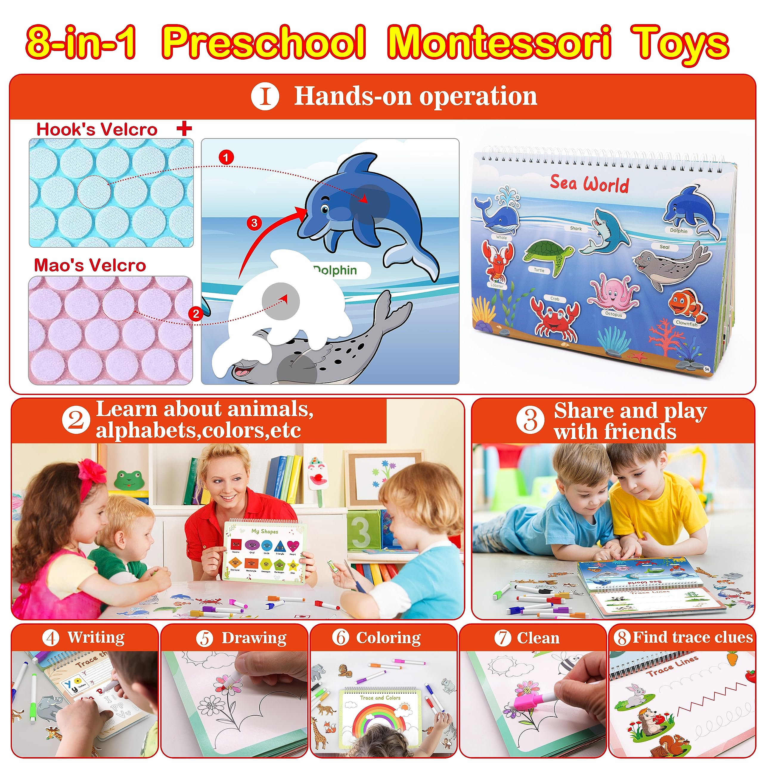 WJPC Toddler Busy Book - 53 Designs for 1-6 Years, Preschool Learning & Quiet Play - Montessori Activity for Boys & Girls at Home or Travel