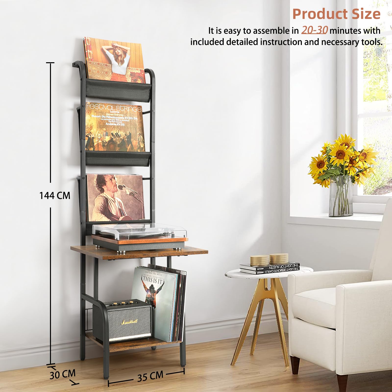 Bikoney Vinyl Record Storage Stand - Holds Up to 200 Albums | Turntable Cabinet & Wall Mount for Vinyl Records | Perfect for Living Room, Home Theater & Music Studio Organization