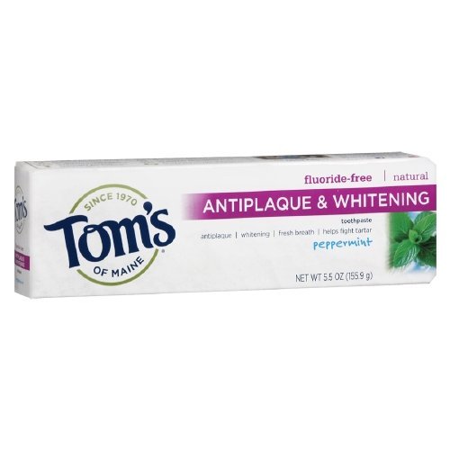 Tom's of Maine Natural Antiplaque & Whitening Toothpaste - Fluoride-Free, Peppermint Flavor, 5.5 oz (6-Pack) | Fresh Breath & Teeth Whitening for Daily Oral Care | Vegan & Cruelty-Free