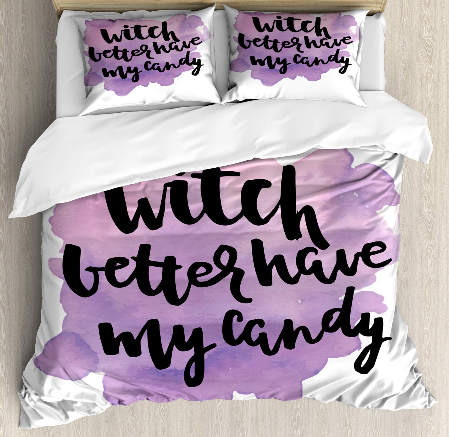 Ambesonne Halloween Duvet Cover Set - Witch Better Have My Candy Funny Calligraphy 3-Piece Bedding Set with 2 Pillow Shams, King Size in Pale Pink Lavender White | Spooky Seasonal Decor for Bedroom, Dorm, or Halloween Party