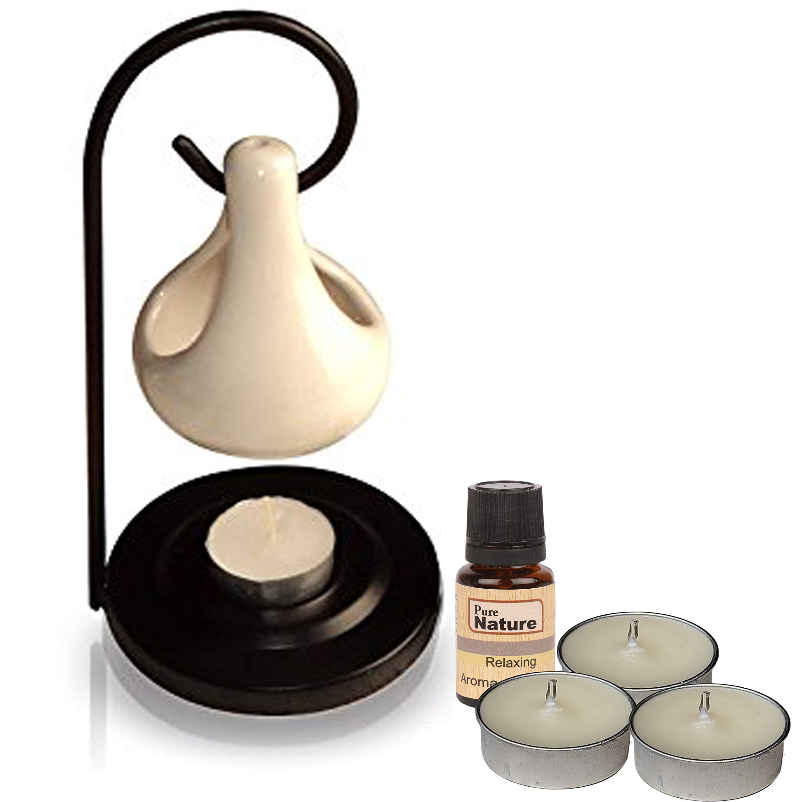 Pure Source India Porcelain Aromatherapy Set with 10ml Essential Oil & 4 Tea Light Candles - White | Relaxing Scent for Home Spa, Yoga, Meditation & Stress Relief