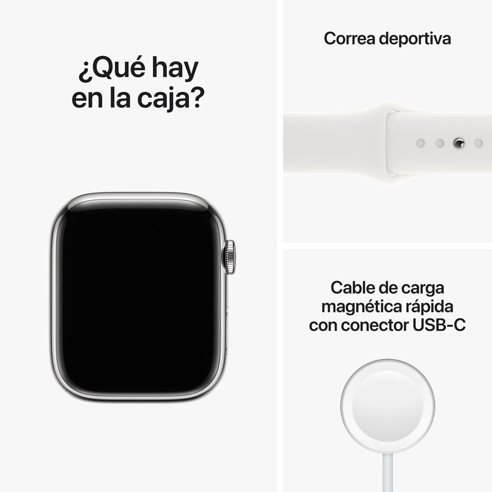 Apple Watch Series 8 (GPS + Cellular) 45mm Silver Stainless Steel Case with White Sport Band - Perfect for Fitness Tracking, Workouts & Everyday Wear
