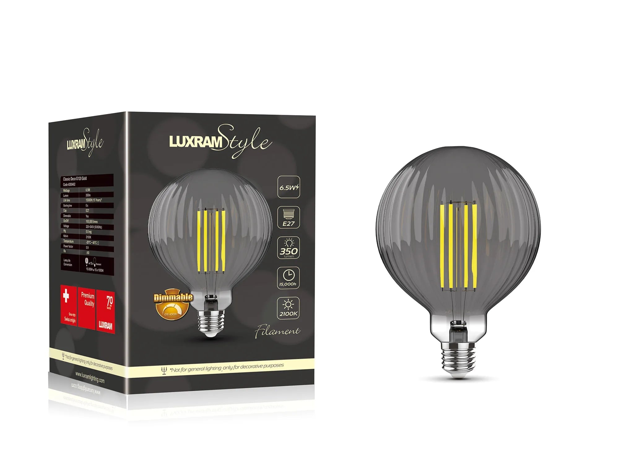 Classic Style LED Globe Light Bulb 120mm E27 Dimmable 6.5W 2100K Extra Warm White 400lm 3 Years Warranty - Perfect for Bedroom, Living Room, Restaurant and Cafe Ambient Lighting