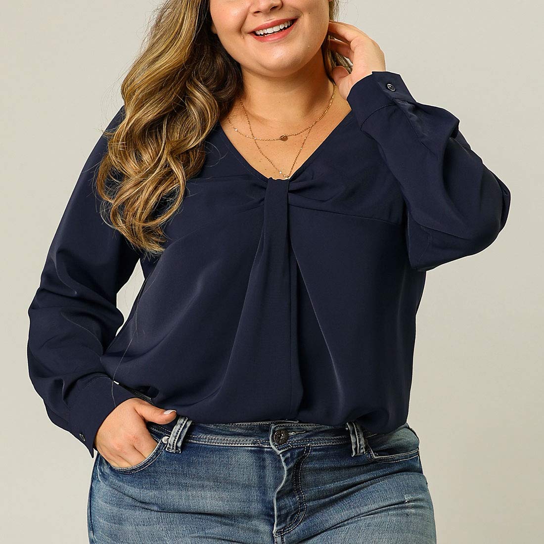 Agnes Orinda Women's Plus Size V-Neck Twist Knot Button Long Sleeve Blouse - Flowy Tunic Top for Work, Office & Casual Outfits