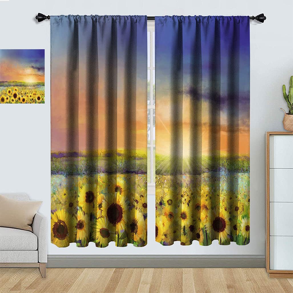 Premium Sunflower Blackout Curtains - Floral Oil Painting Design with Golden Sunset Landscape & Sunflower Field - 84x84 Inch Window Panels for Sliding Doors - Perfect for Living Room, Bedroom & Home Theater Light Control