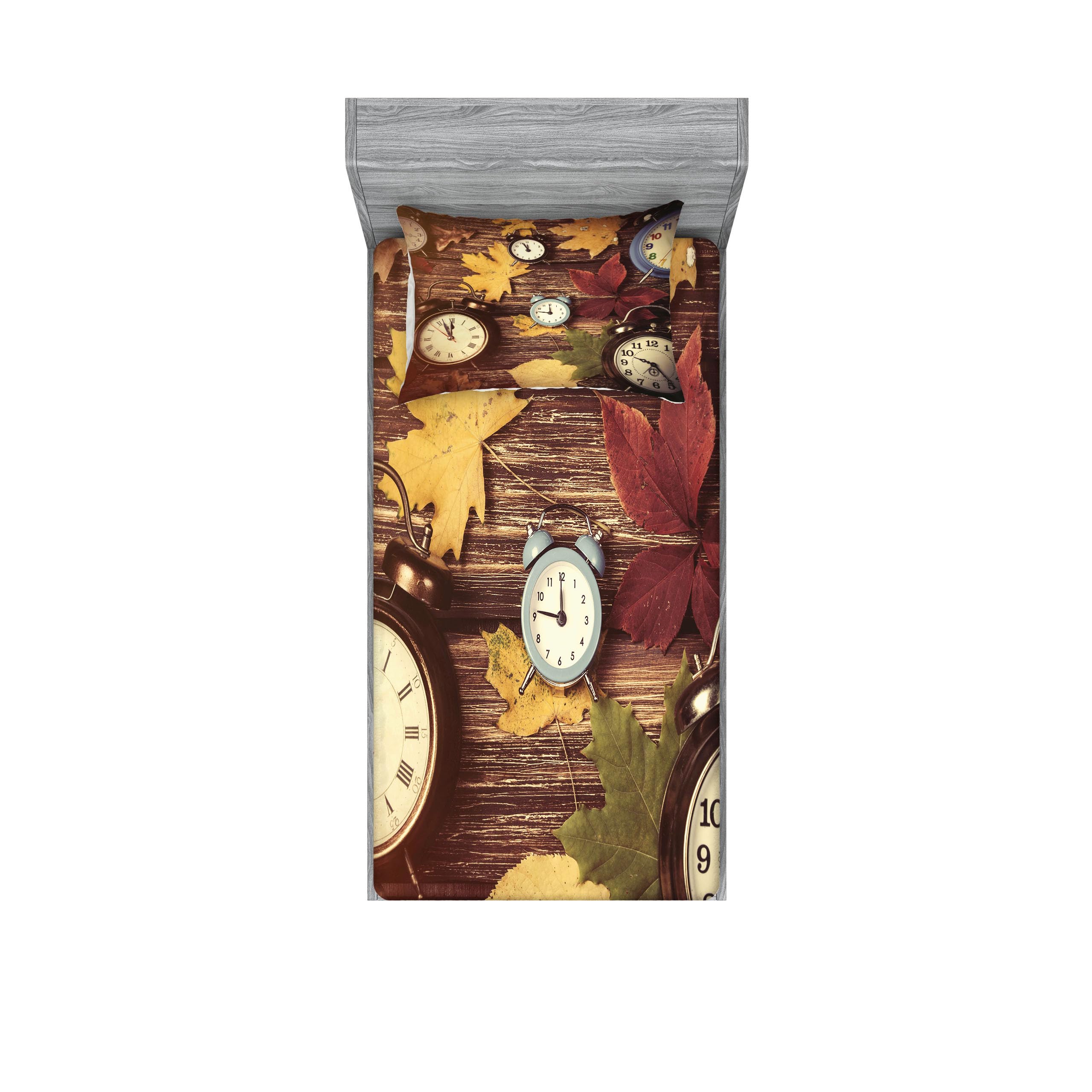 Ambesonne Autumn Fitted Sheet & Pillow Sham Set - Dry Maple Leaves & Vintage Alarm Clocks Print, 2-Piece Decorative Bedding Set for Twin XL, Multicolor | Cozy Fall Bedroom Decor for Seasonal Home Styling