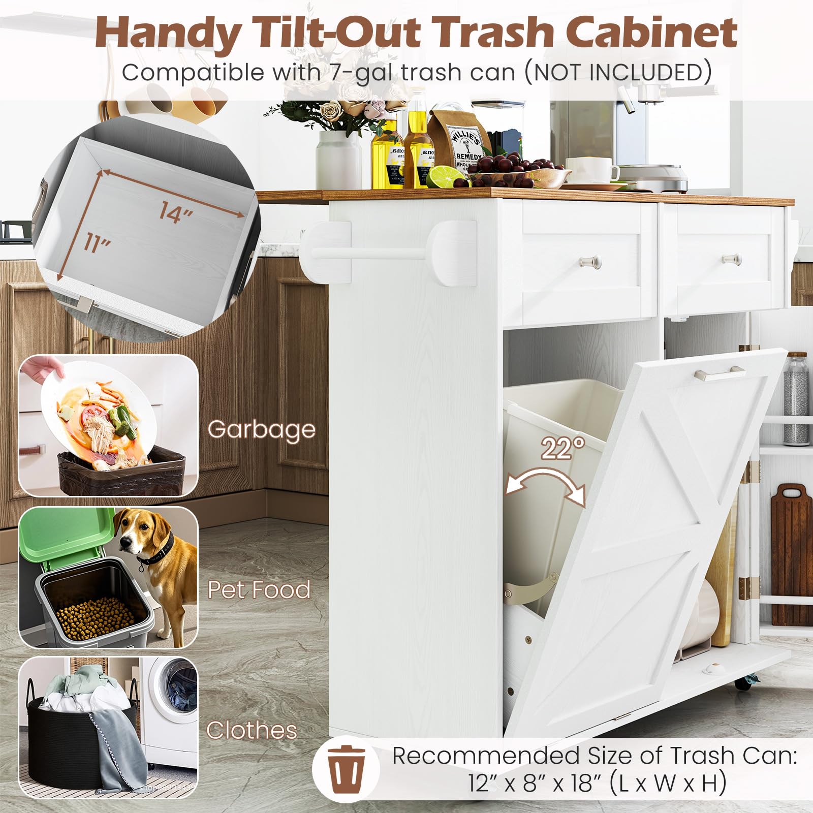 Giantex Kitchen Island Cart with Hidden Tilt-Out Trash Can, Drop Leaf, 2 Drawers & Towel Rack - Mobile Rolling Breakfast Bar Table - White & Natural Wood Storage Cart - Perfect for Small Kitchens, Apartments & Breakfast Nooks