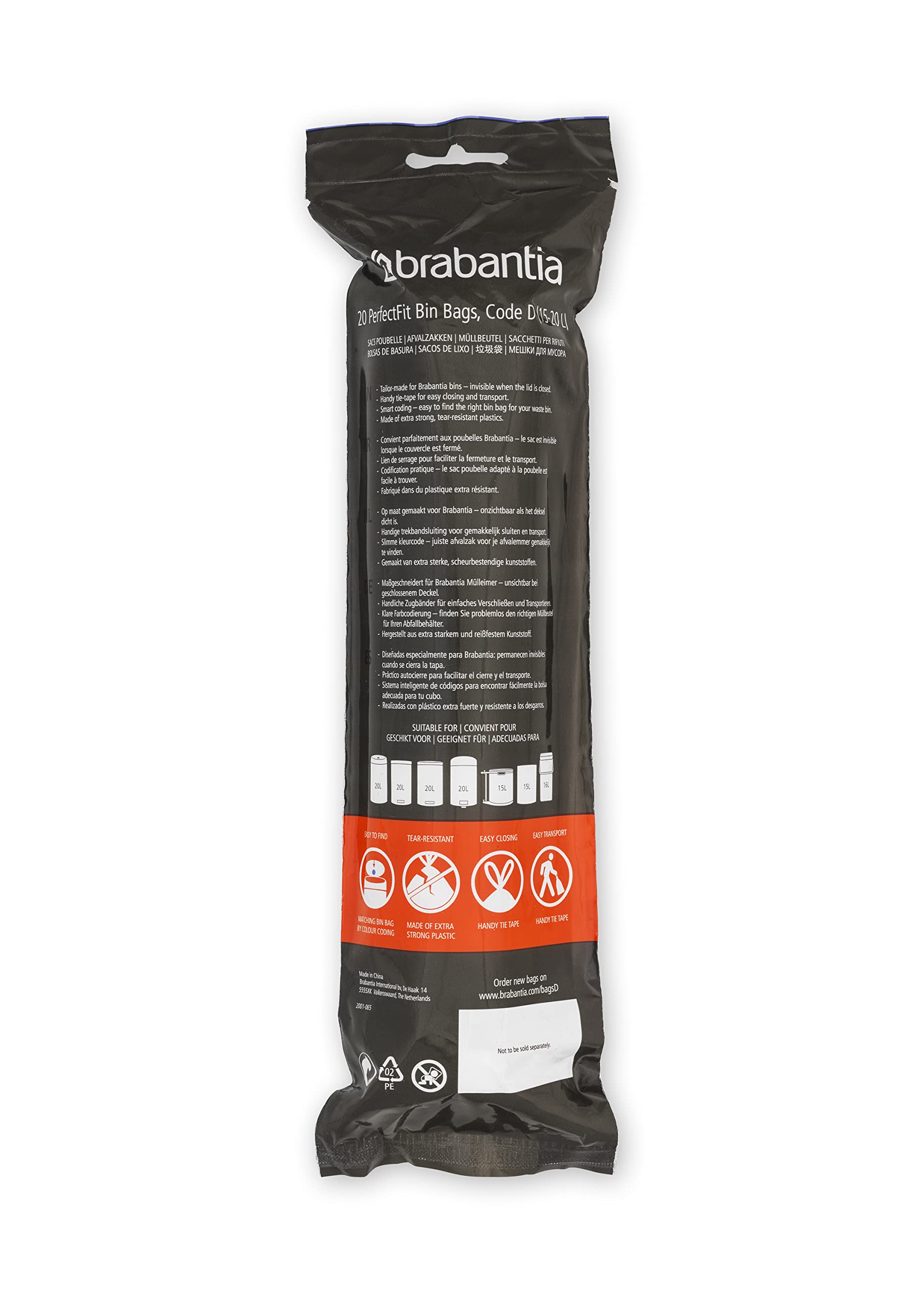 Brabantia PerfectFit Trash Bags - Size D (0.5-0.8 Gallon) - Heavy Duty Drawstring Kitchen Trash Can Liners - 120 Count - Ideal for Small Office, Bathroom & Bedroom Waste Bins