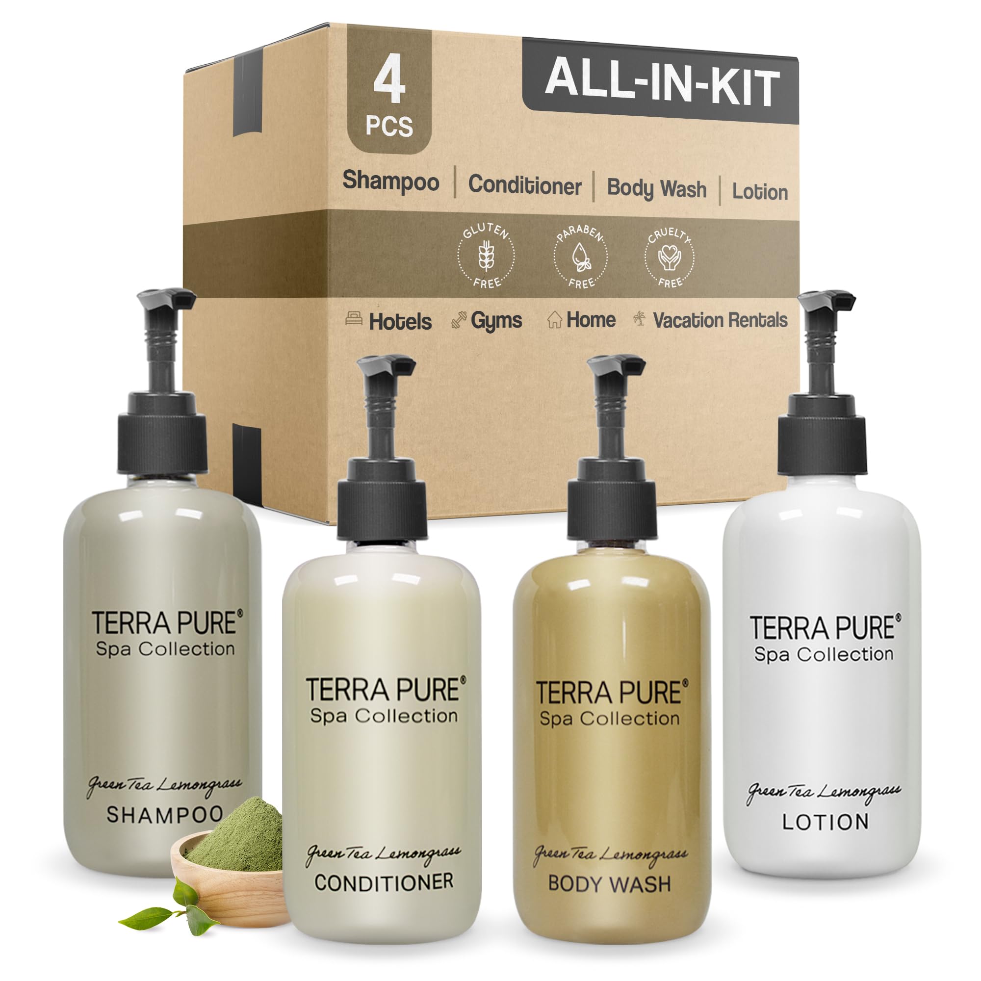 Terra Pure Spa Collection Amenities Set - 10.14oz Shampoo, Conditioner, Hand & Body Wash, Lotion with Pumps (1 of Each) | Luxury Bath & Body Essentials for Hotels, Spas, and Home Relaxation