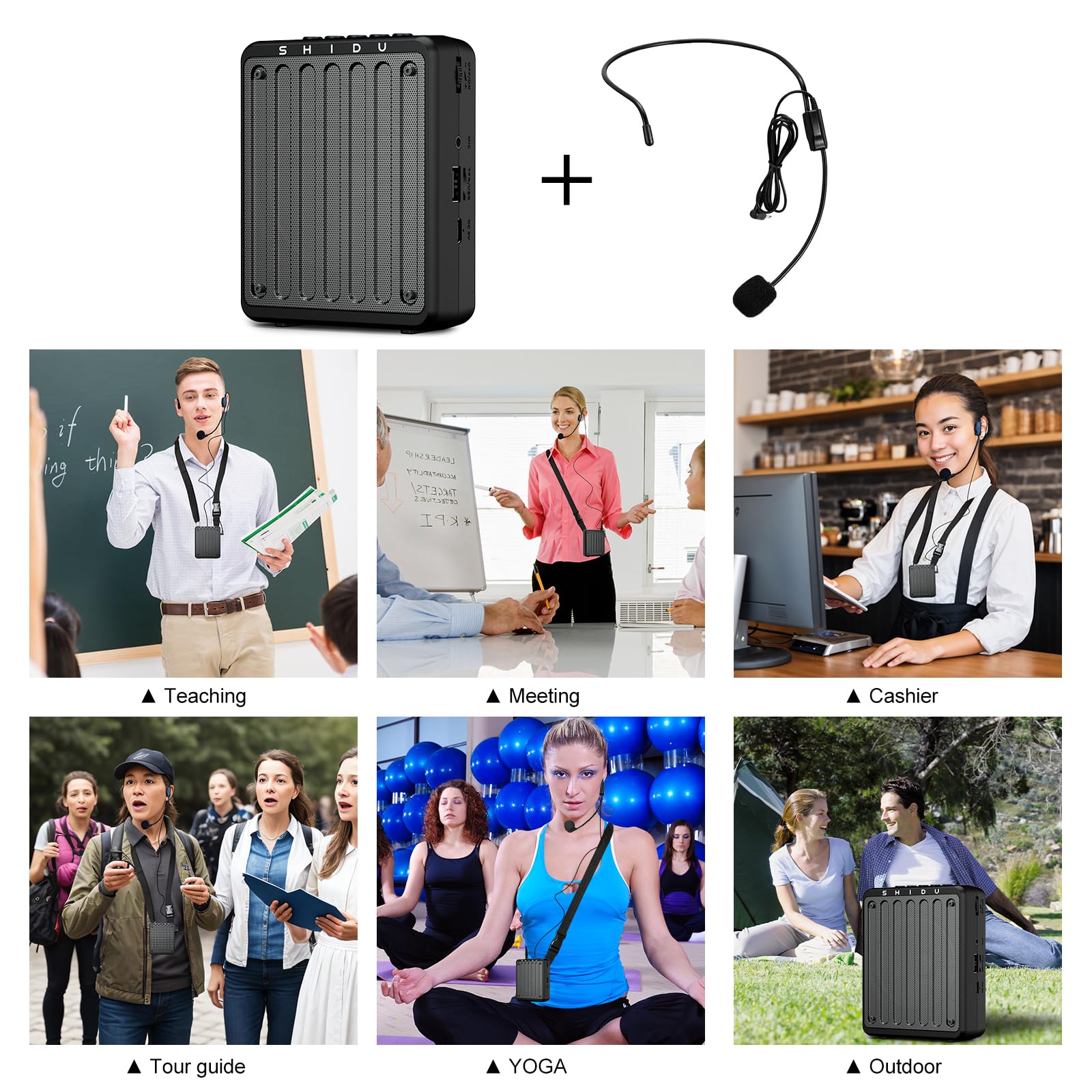 SHIDU M200 Mini Bluetooth Voice Amplifier with Wired Microphone Headset - Portable Rechargeable Speaker for Teachers, Tour Guides, Public Speaking, Meetings & Yoga Classes (Black) | Ideal for Classroom Instruction, Outdoor Tours, Presentations & Group Fitness Sessions