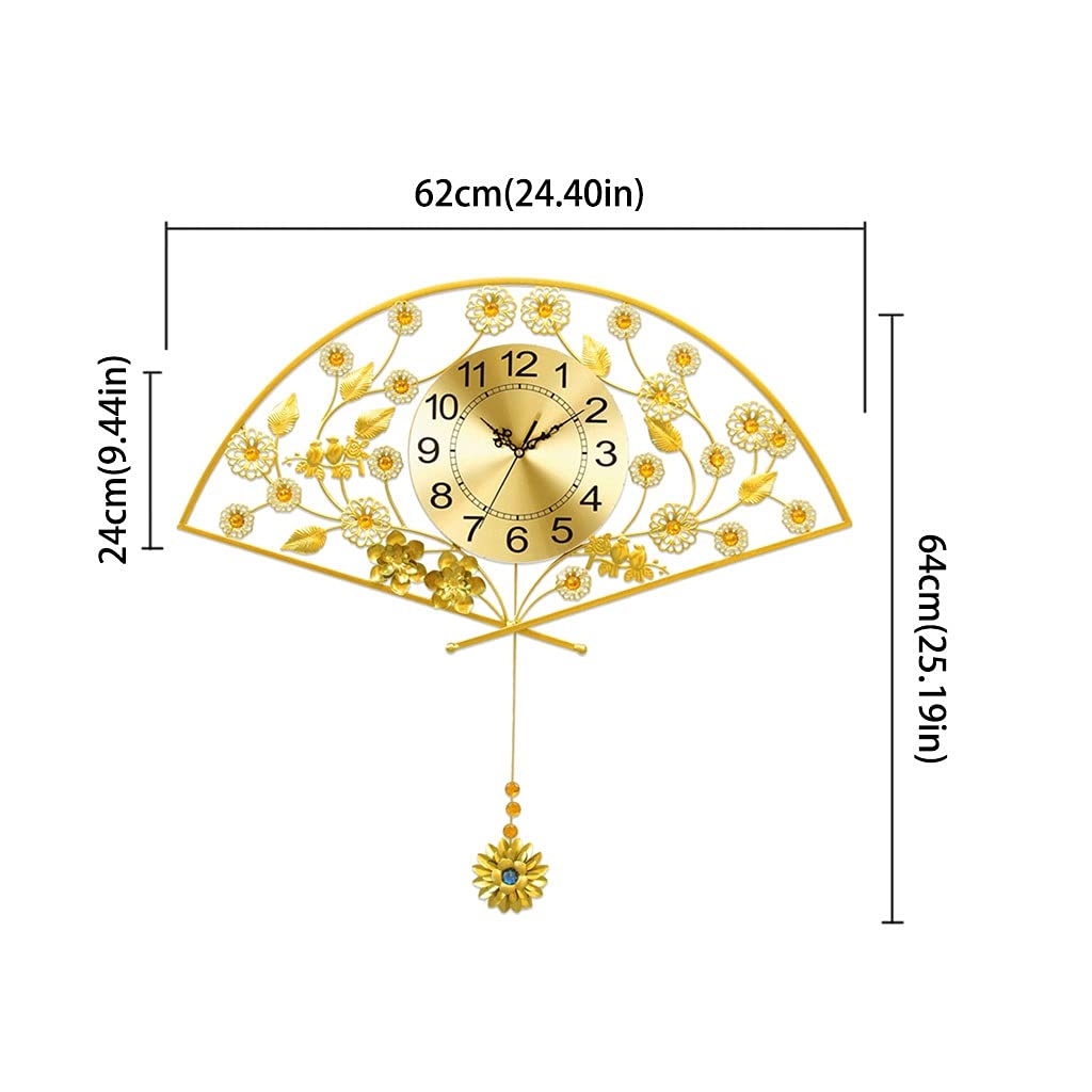 TOMYEUS Golden Fan-Shaped Wall Clock with Silent Pendulum - Elegant Decorative Wall Clock for Kitchen, Living Room, Bedroom | Perfect Home & Office Decor, Gift Idea