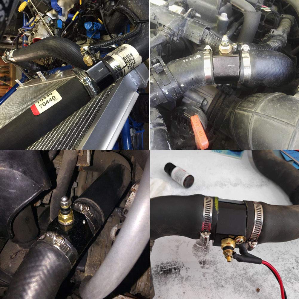Black Aluminum Water Temperature Gauge - 38mm Radiator Sensor Adapter with Hose Clamps | Universal Fit for Car, Truck & Motorcycle Cooling Systems