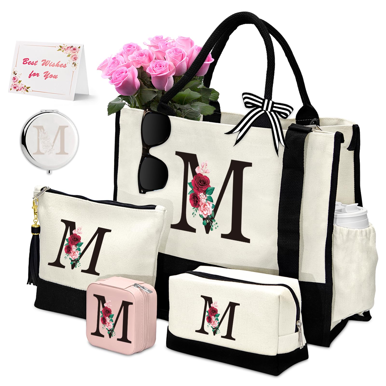 **Personalized Birthday Gift Basket for Women - Initial Canvas Tote Bag, 2 Makeup Bags & Jewelry Travel Case | Thoughtful Gifts for Mom, Grandma, Teacher | Perfect for Travel, Spa Days & Special Occasions**